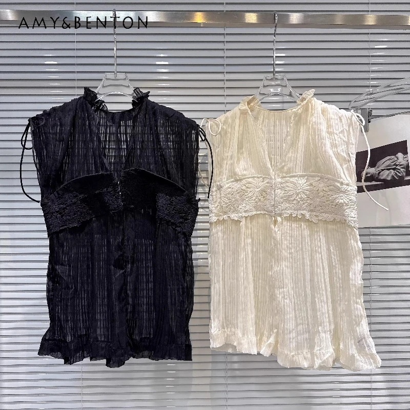 

Женская одежда: Новинка лета 2026 – Модный однотонный шифоновый жилет с кружевной вышивкой и вставками, универсальный свободный топ для женщин