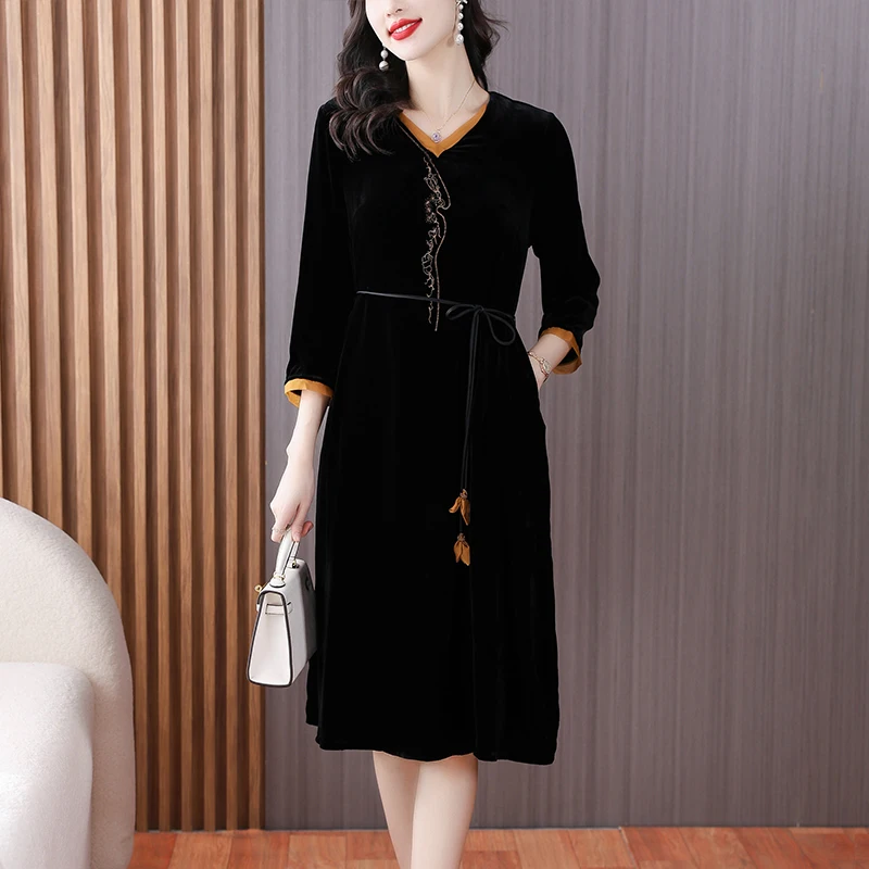 

Korean Luxury True Velvet Knee Length Skirt 2023 New Versatile Mulberry Silk Pullover Skirt Black Loose Fit Casual Party Vestido