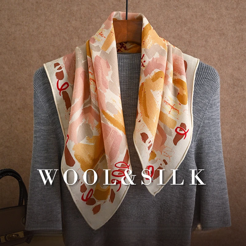 2027 Women Art Print Silk‑Wool Square Neck Scarf Double sided Orange Oil Painting Bandana Hijabs for Woman Accessory