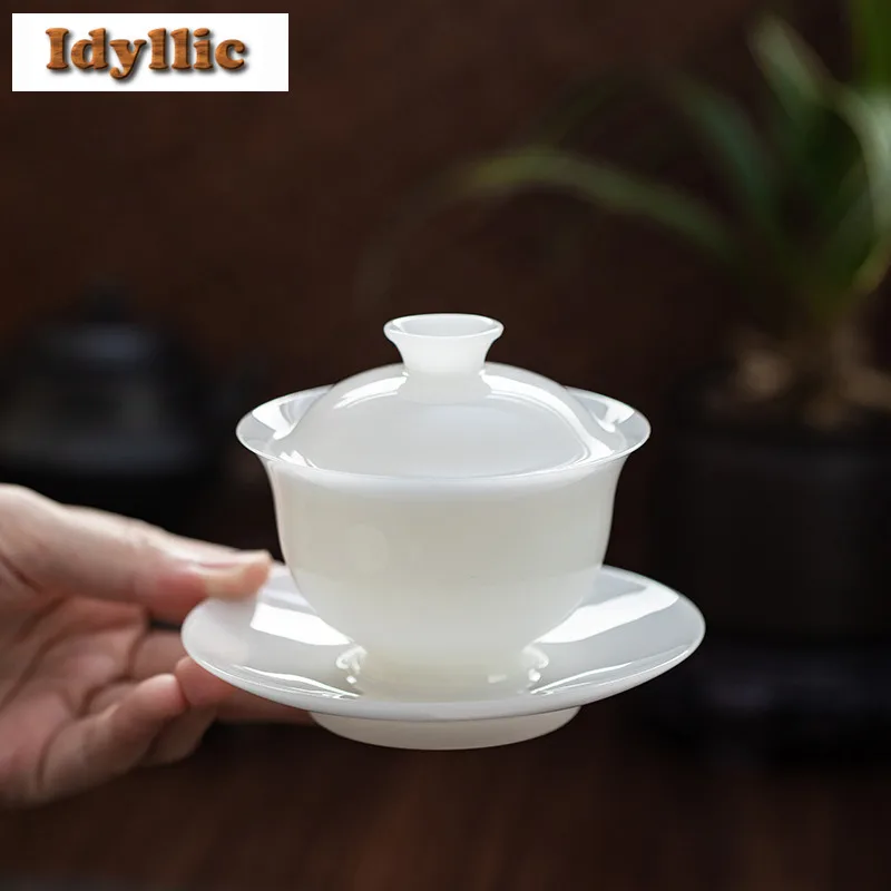 Ice Jade White Porcelain Gaiwan Luxury Tea Tureen Tea Bowl With Lid Kit Tea Brewing Cover Bowl Tea Services Accessories Gift