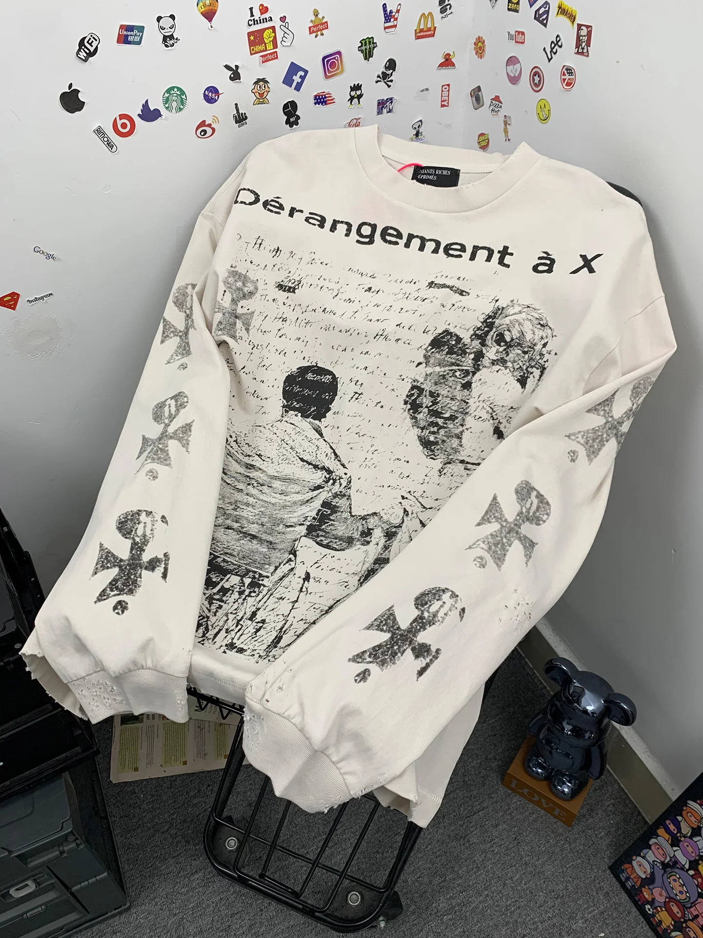 Washed Casual American Style Long Sleeve T-Shirt Men's Print Depressed Rich Second Generation Loose Fit Breathable Cotton