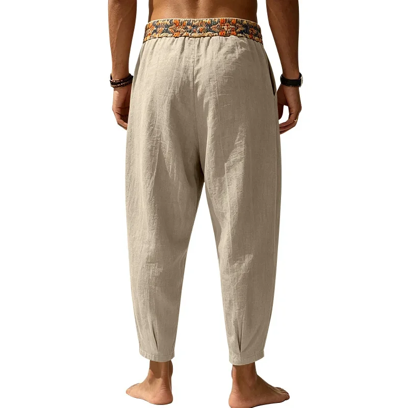 Herren 95% Leinen Haremshose Boho Blumenmuster Kordelzug Taille Lässige Weite Hose Strand Urlaub Knöchellange Hose – Detail 20