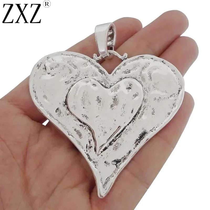 

2pcs Antique Silver Boho Large Hammered Double Heart Charms Bohemia Pendants for Necklace Jewelry Making Findings 62x65mm
