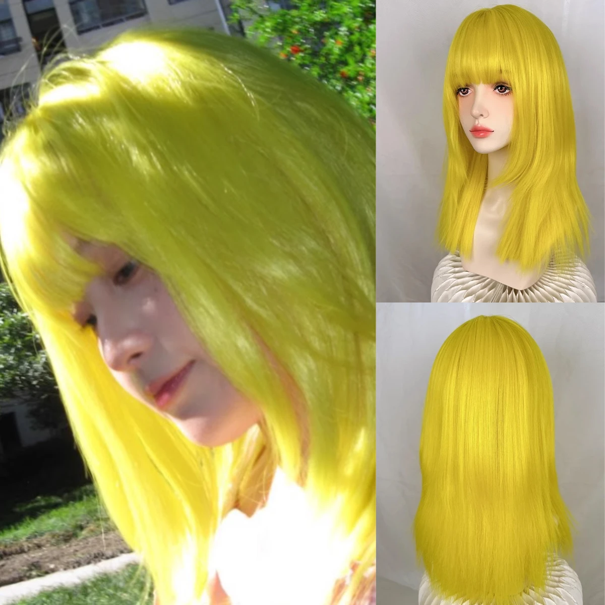 Women's Synthetic Long Yellow Layed Straight Wig with Bangs For Cosplay Lolita Anime Party Wear Fake Hair