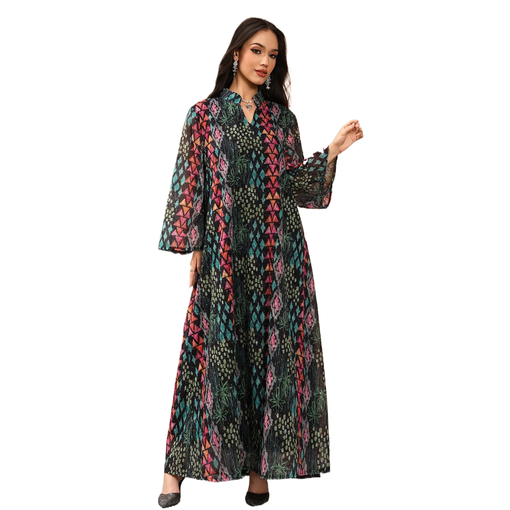 Middle Eastern fashion Muslim dress embroidered with rhinestone hot stamping print long sleeved jalabiya casual dress