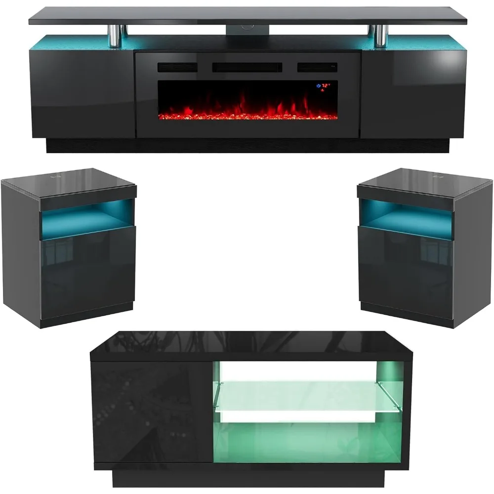 

Modern High Gloss Living Room Set with LED Fireplace TV Stand, Glass Coffee Table, and Side Table with Charging Station