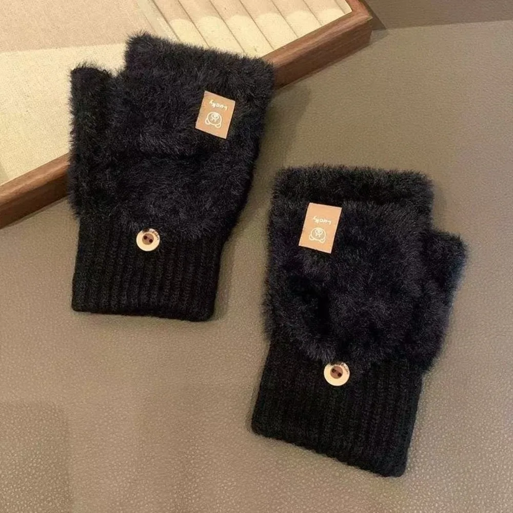 Cute Soft Plush Flip Cover Gloves Fuzzy Touch Screen Half Finger Gloves Cartoon Bear Convertible Mittens Student
