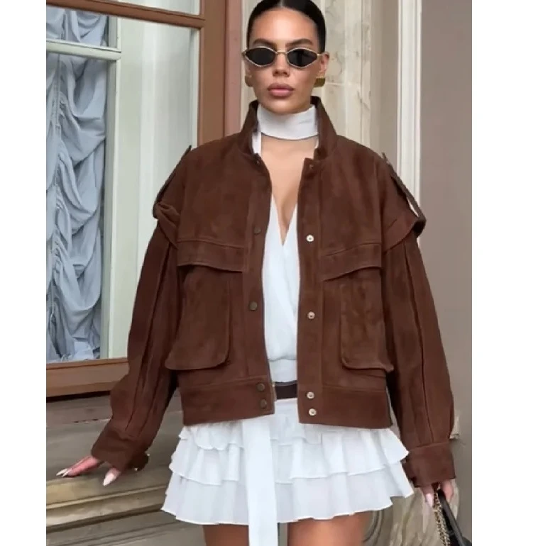 

2025Autumn Winter New European American Style Melard Suede Long Sleeve Pocket Loose Coat Women