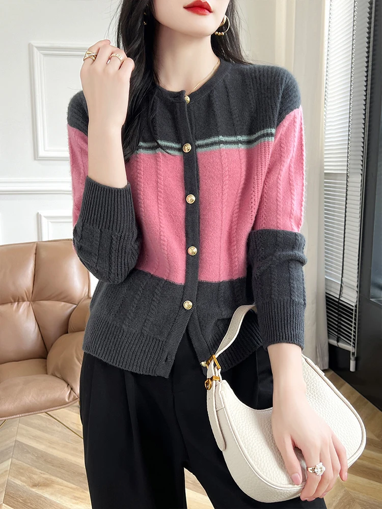 Color blocking round neck 100% wool autumn and winter new style elegant knitted cardigan small fragrant style versatile top