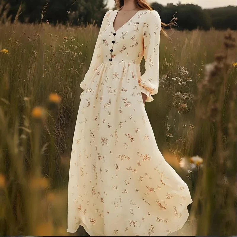 

2026 New Women Print Loose Midi Long Sleeve Retro Dress Fashion V Neck Button Detail Country Style Wear Versatile Skirt Set