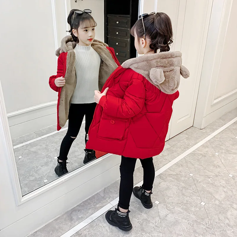 

Girls' cotton jacket with thickened winter clothing, new children's mid to large children's down cotton jacket with added velvet