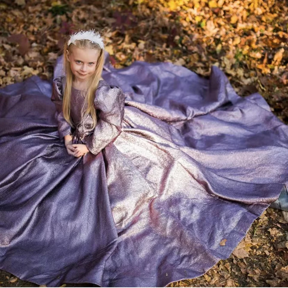 Elegant Purple Full Sleeves Flower Girl Dresses For Wedding 2025 Princess Shiny Birthday Party First Communion Gowns With Bow