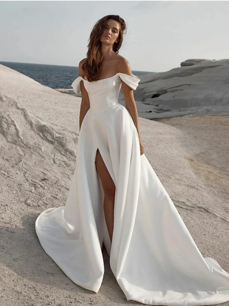 

Customized Off Shoulder Simple Civil Wedding Dresses Side Split Summer Beach Bride Dress Satin Minimalist Wedding Gowns 2026