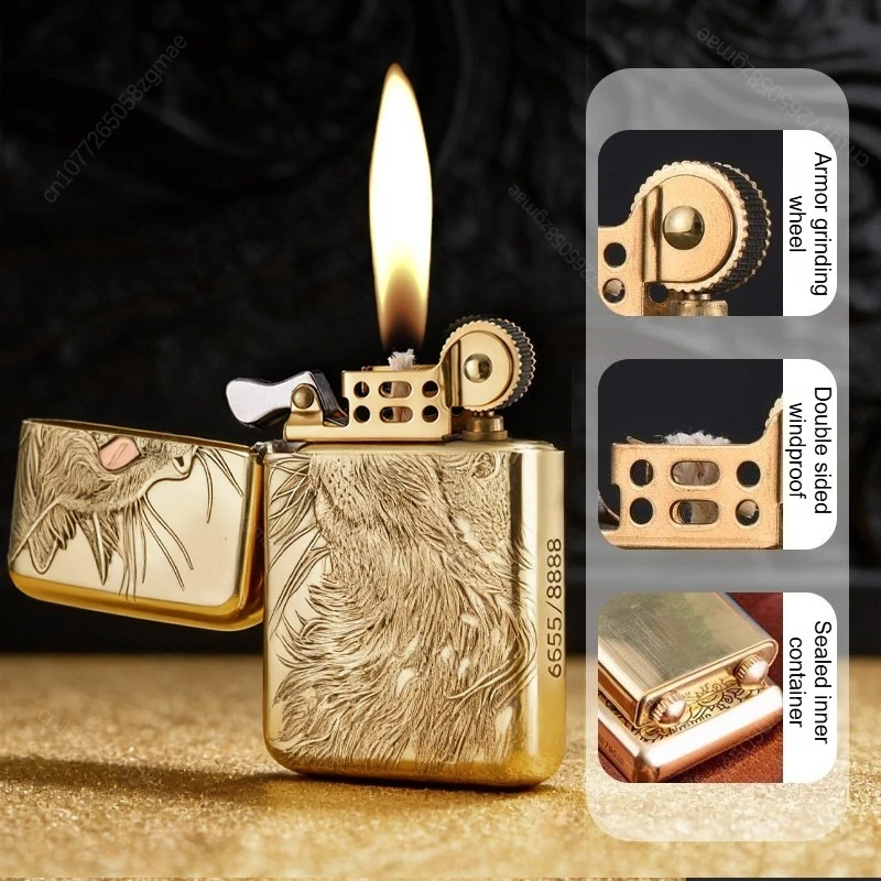 

ZORRO 790 Brass Finely Carved Kerosine Lighter, Metal Carved Retro Grinding Wheel Windproof Lighter, Men's Cigarette Gift