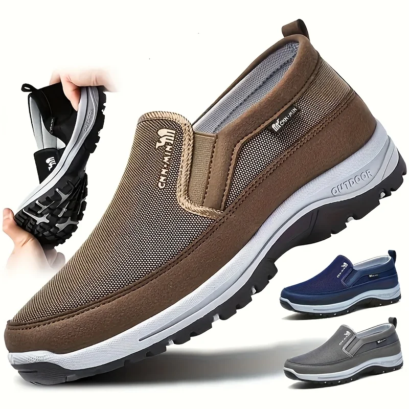 Men'S Comfortable Non-Slip Loafers, Solid Color Breathable Knit, Thick Sole Lightweight Casual Shoes, All-Season Outdoor