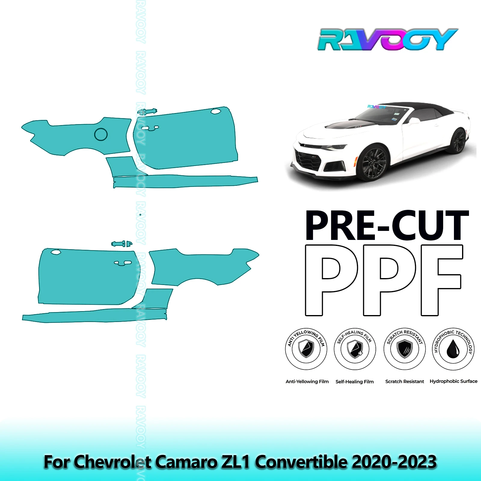 

For Chevrolet Camaro ZL1 Convertible 2020-2023 8.5mil Pre-Cut PPF Door & A/B Pillar Kit TPU Paint Protection Film Set