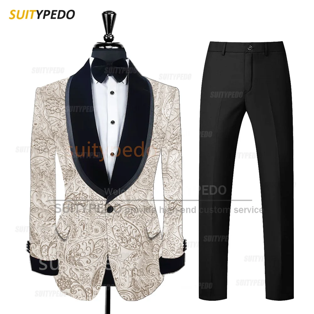 

Fashion Jacquard Suit Set For Men Evening Party Slim Fit Luxury Blazer Pants 2 Pieces Wedding Grooms Tailor-made Elegant Outfits