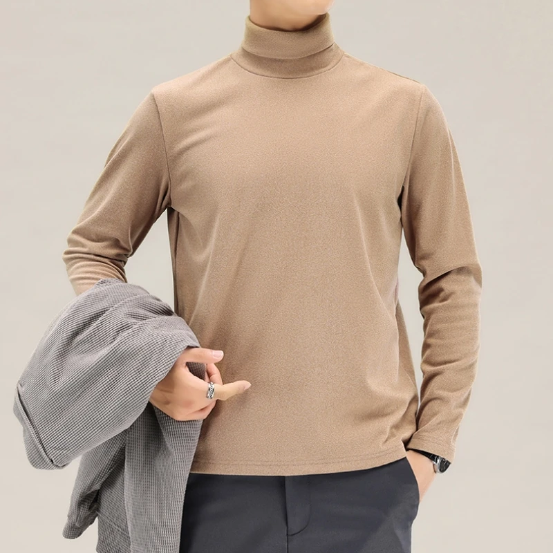 CUMUKKIYP Ribbed De Rong Long Sleeve T-shirt Top for Men's 2023 Autumn/Winter Warm High Collar Solid Color Pullover