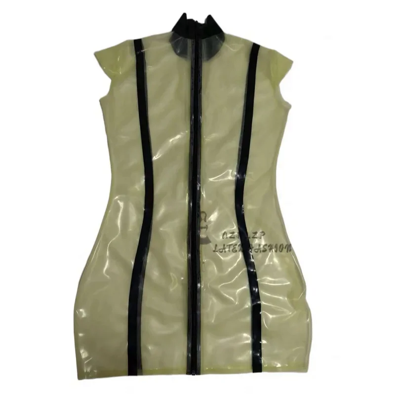 

JVHGE Transparent and Black Sexy Latex Dress with Stripes from Top to Bottom Zipper at Back Rubber Bodycon Playsuit