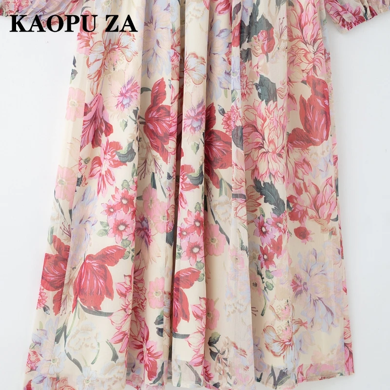 KAOPU ZA 2025 Zomer Nieuwe Vrouw Trendy Kanten Jurk Top Elegante Vrouw V-kraag Jurken Print riem Lange mouw Midi Rok Ruches