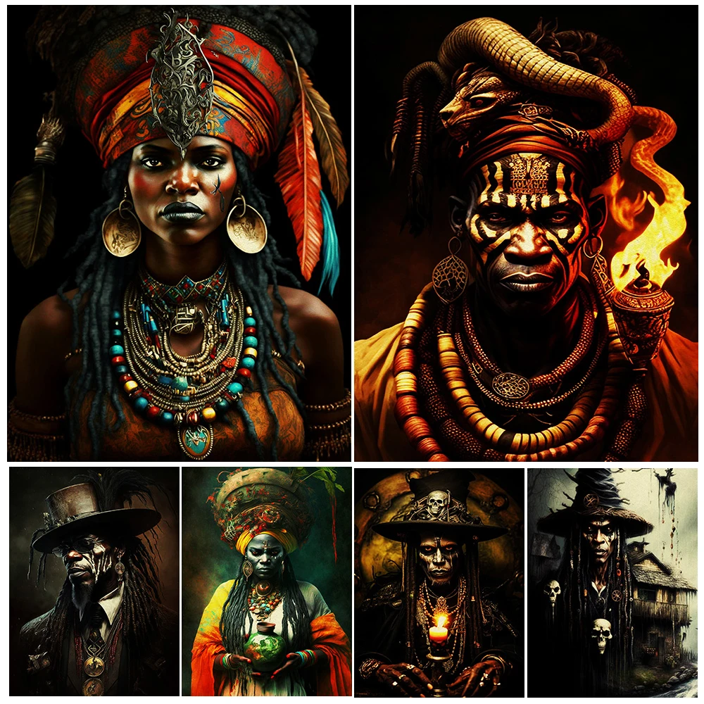 Mysterious Shaman Portrait,Horror Wall Art, Canvas Painting, Pagan Witchcraft Voodoo And Magic Art, Poster Print Home Decoration