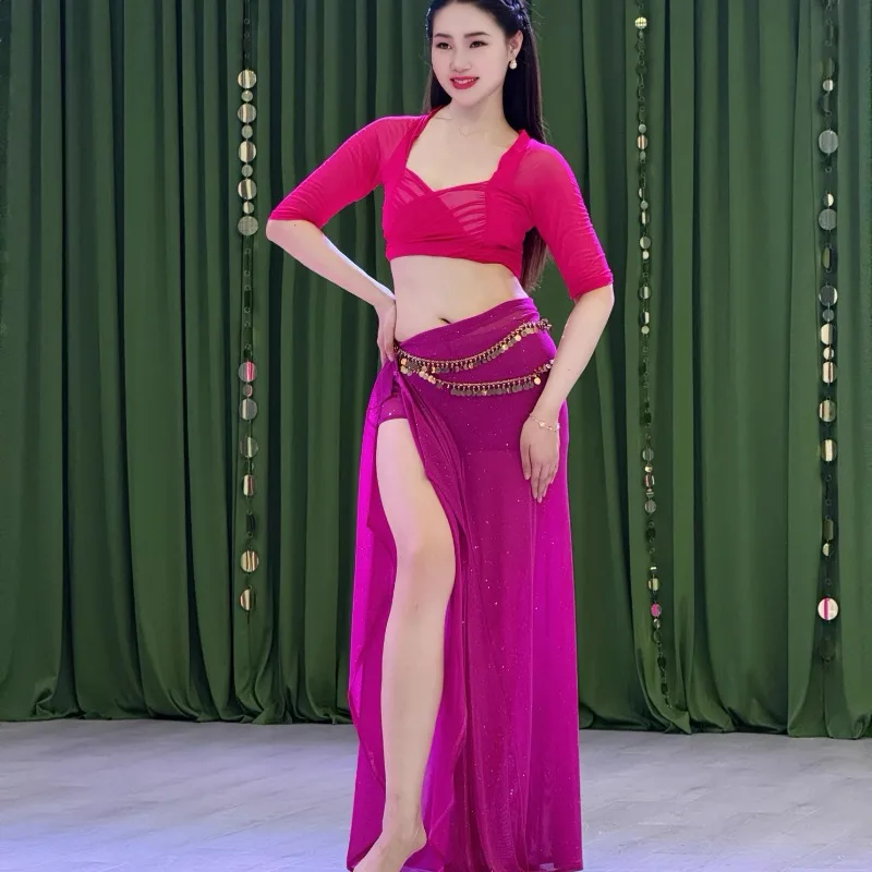 

customized Mesh belly dance costumes with rose red tie and built-in leggings set top and skirt indian clothes women