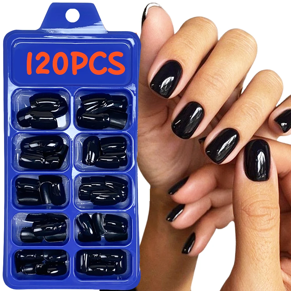 

120pcs Solid Black False Nails Tips Super Glossy Short Square Soft Acrylic Press On Nail Tips Full Cover Fake Nail For Extension