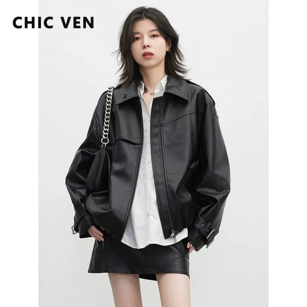 CHIC VEN New Women Faux Leather Coat Solid Streetwear Retro Motorcycle Spicy Girl Female PU Jacket Spring Autumn 2026 Clothes