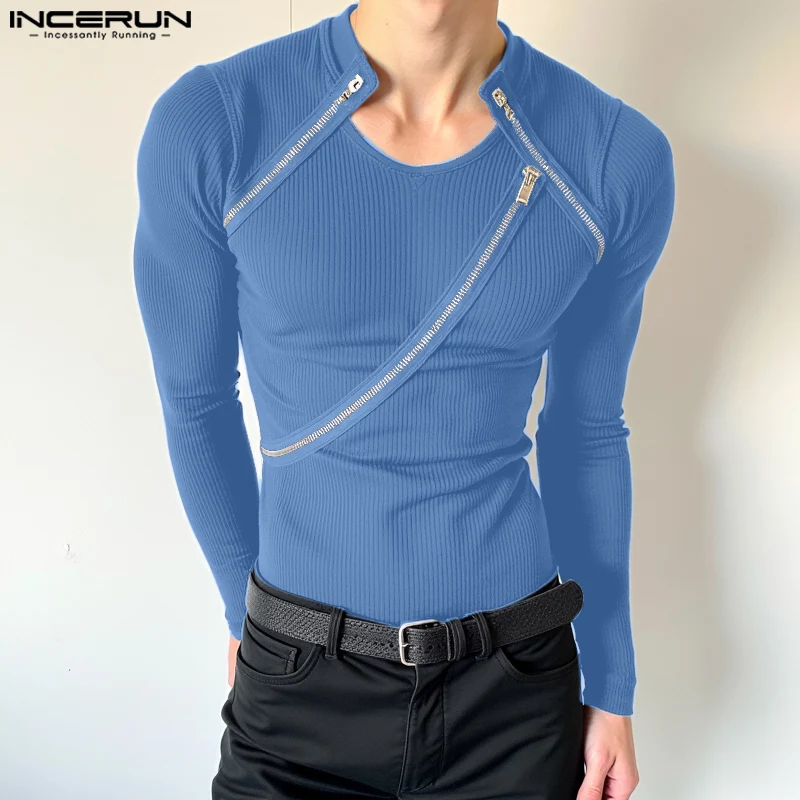 INCERUN Men Well Fitting Tops 2024 Casual Long Sleeve Zipper Design Camiseta Deconstruction Texture Knitted Round Neck T-shirts