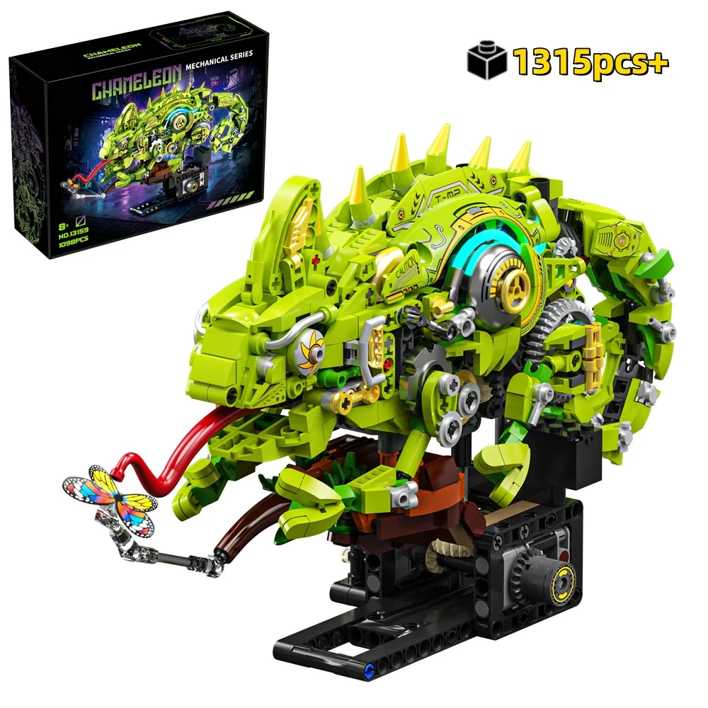 NEW Mechanical Chameleon Building Block Kit Motorized Animal Model with Light Gear Linkage STEM DIY Assembly Toy Birthday Gift