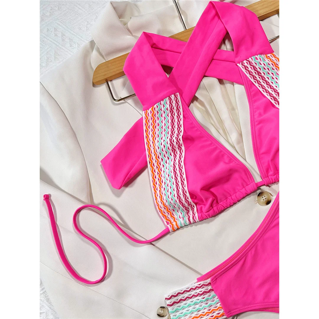 Sexy Splicing Neckholder Bikini mit mittlerer Taille, Damen-Badebekleidung, zweiteiliger Bikini-Set, gepolsterter Badeanzug, Badeanzug, Schwimmanzug V4273 – Detail 5