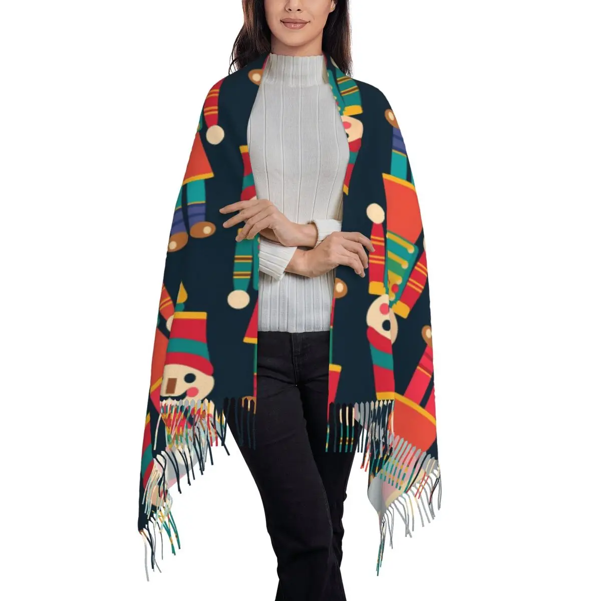 Stylish Nutcracker Party Scarf Tassel Scarves Women Soft Warm Shawls and Wraps Large Fall Winter Shawl Wrap