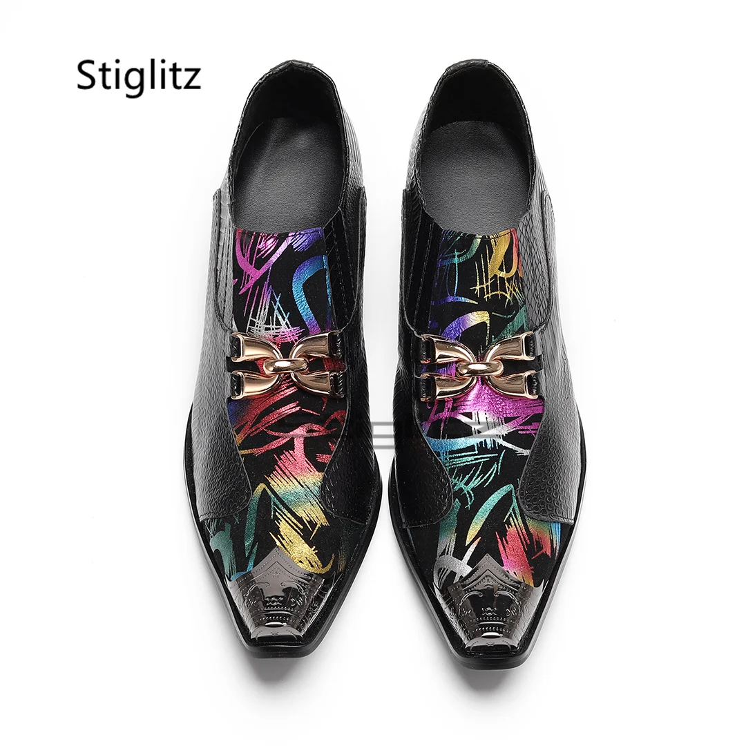 Men's Prints Leather Dress Shoes Black Genuine Cowhide Metal Buckle Pointy Patchwork Slip On High Heels Business Party Shoes