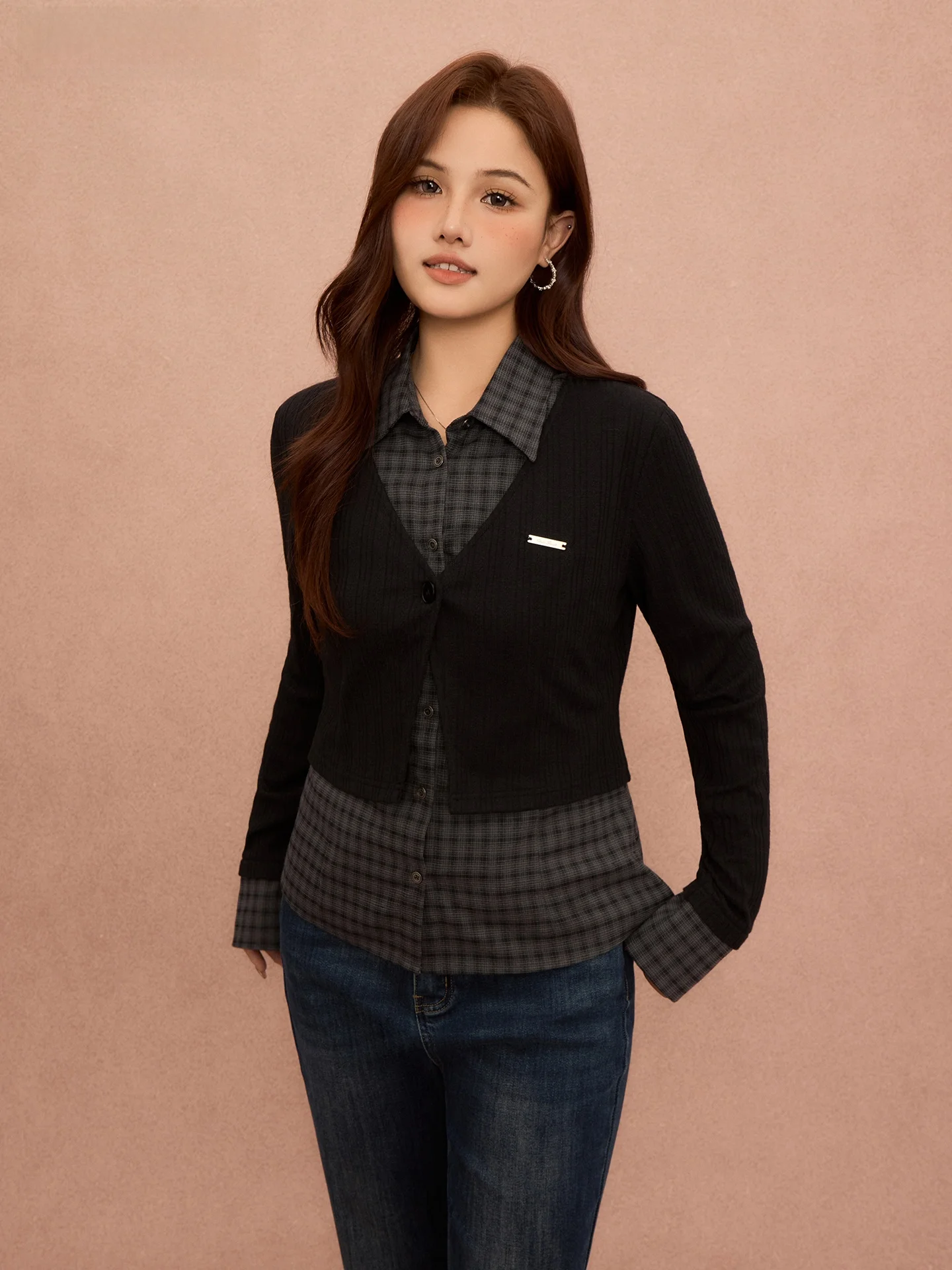 

Slim Fit Long Sve irt Collar Faux Two-Piece Winter Base Layer plus Size Women's Knitted Sweater Polyester Fiber