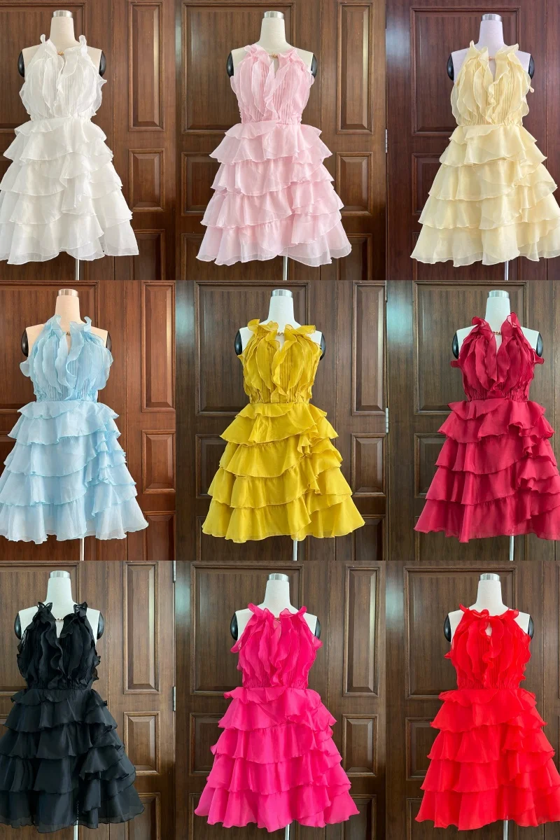 Vestido Mini Sem Mangas de Designer de Alta Qualidade com Bordas em Camadas, Elegante para Casamentos e Festas para Mulheres