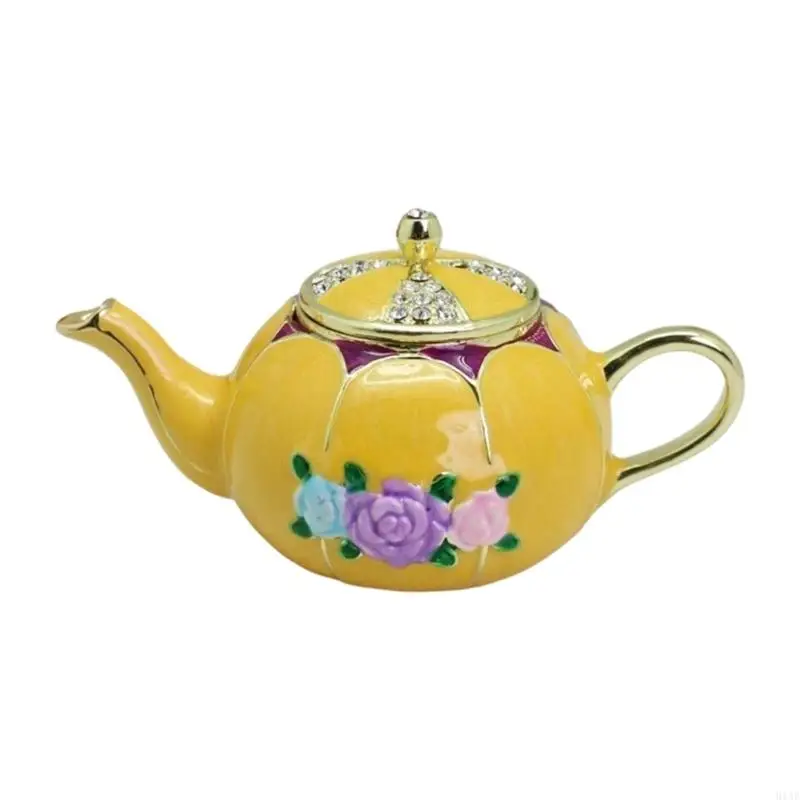 91AF Handcrafted Enamel Finish Trinket Box Teapot Shaped Jewelry Accessories Tray For Tabletop Decoration