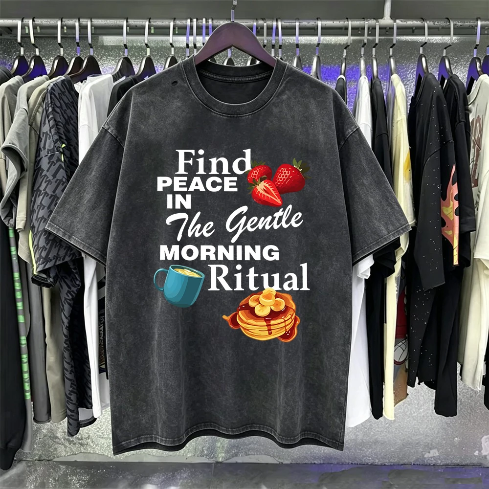 Gentle Morning Ritual Printed Washed T Shirts Women Cotton Oversized Tops Distressed O-Neck Soft T-Shirt Summer Woman Clothes