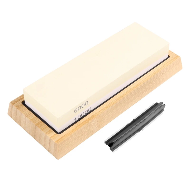

A01F-Whetstone Set,5000/10000 Grit Double-Sided Knife Sharpening Stone For Kitchen,Non-Slip Bamboo Base And Angle Guide