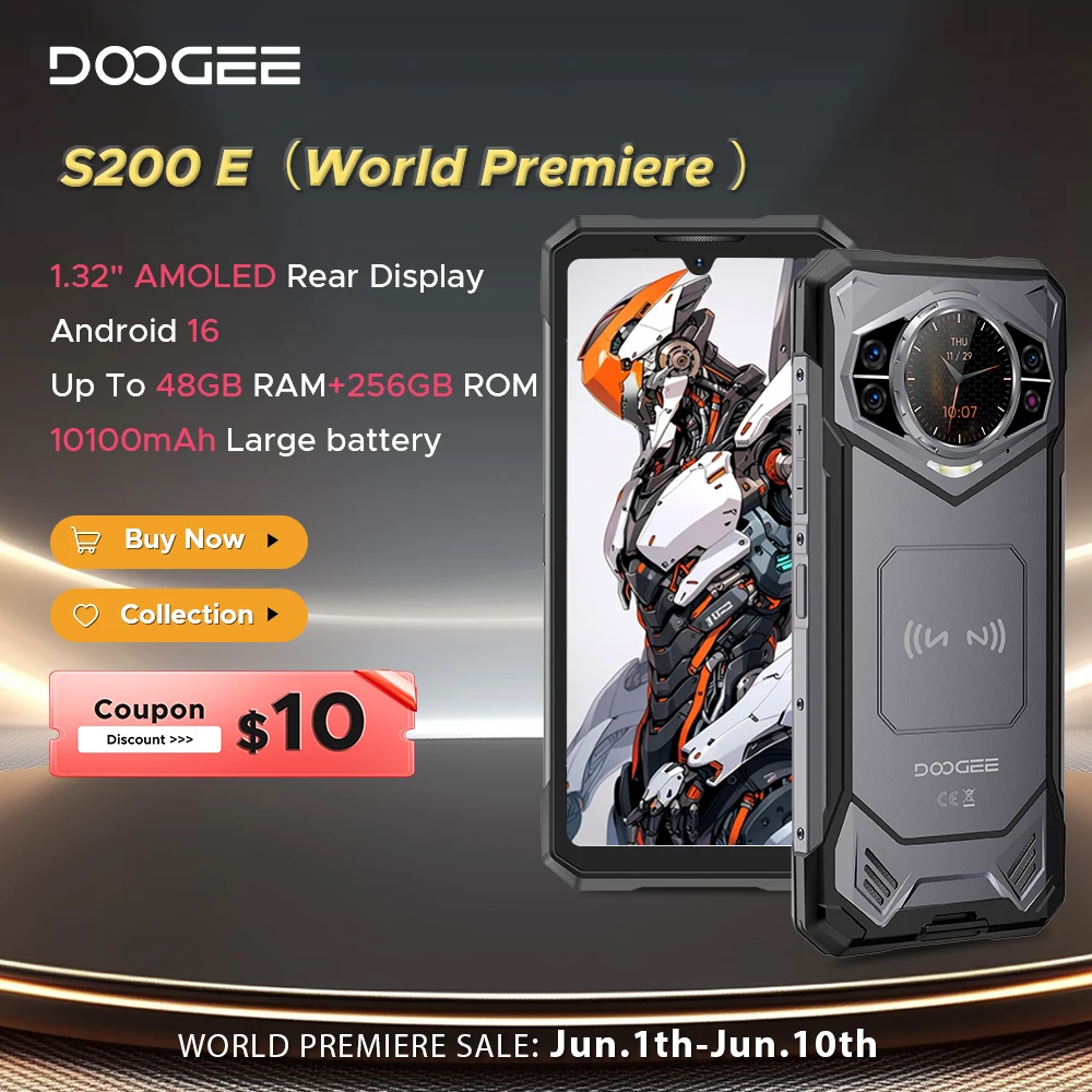 

World Premiere DOOGEE S200E 5G Rugged Phone 1.32" Rear Display 10100mAh 48GB RAM (8GB+40GB) 256GB ROM 6.72” Screen Android 16
