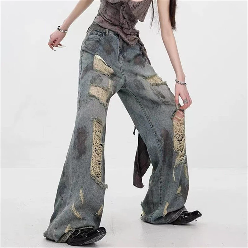 Women's Wear Through Dirty Blue Distressed Jeans Summer Girl Wide-leg Denim Trousers Vintage Bottoms Female High Waisted Pants