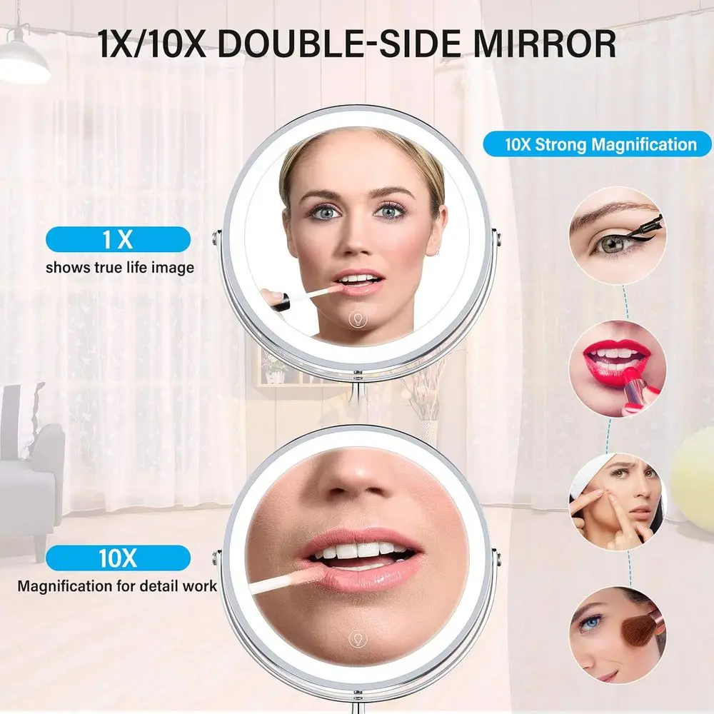 Miroir de maquillage Double face 10X LED avec luminosité réglable, miroir de courtoisie sans fil rechargeable