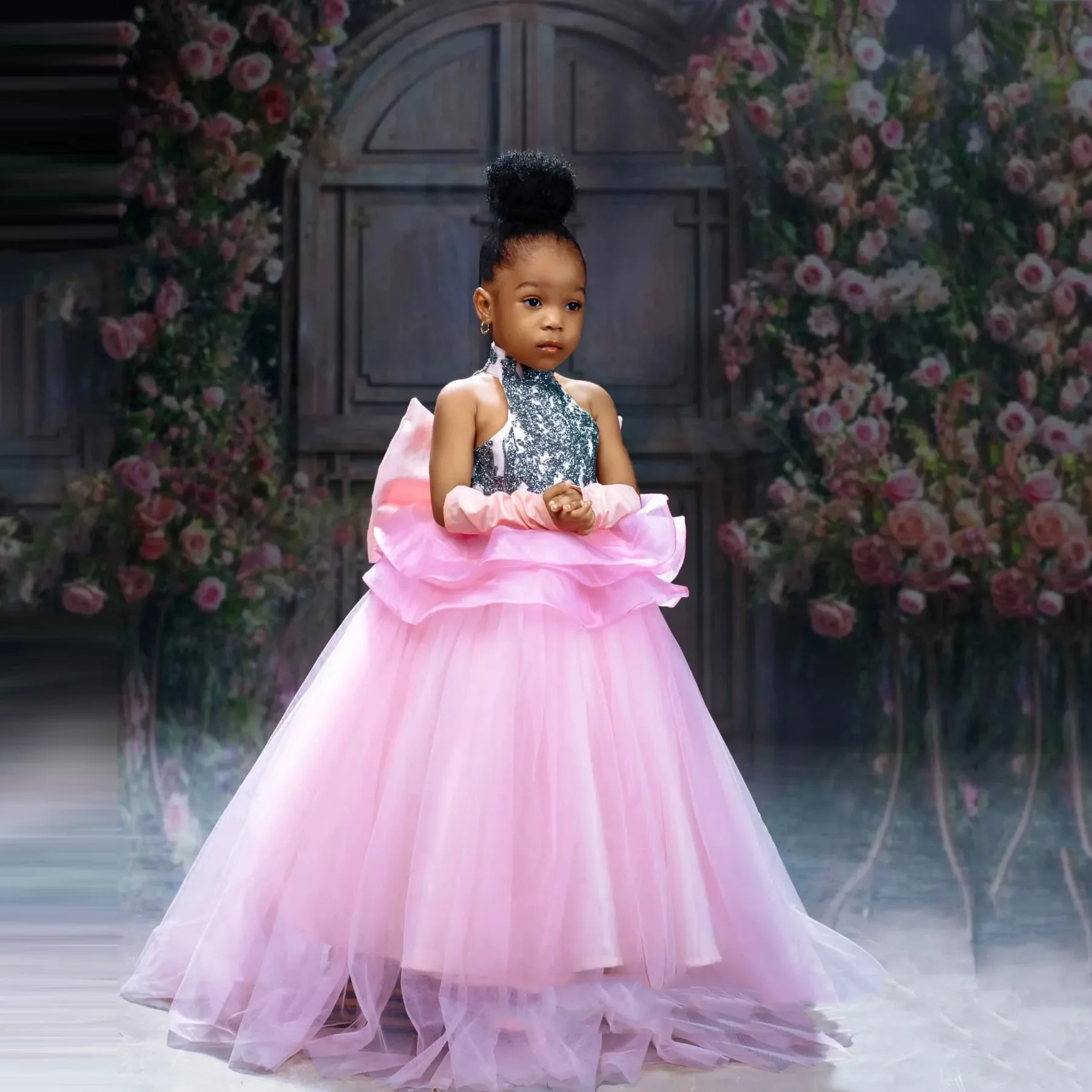 

Kid Party Dress Ruched Sequins Long Tulle Princess Girl Dresses Bow Off Shoulder Pink Flower Girl Dresses vestidos para niñas