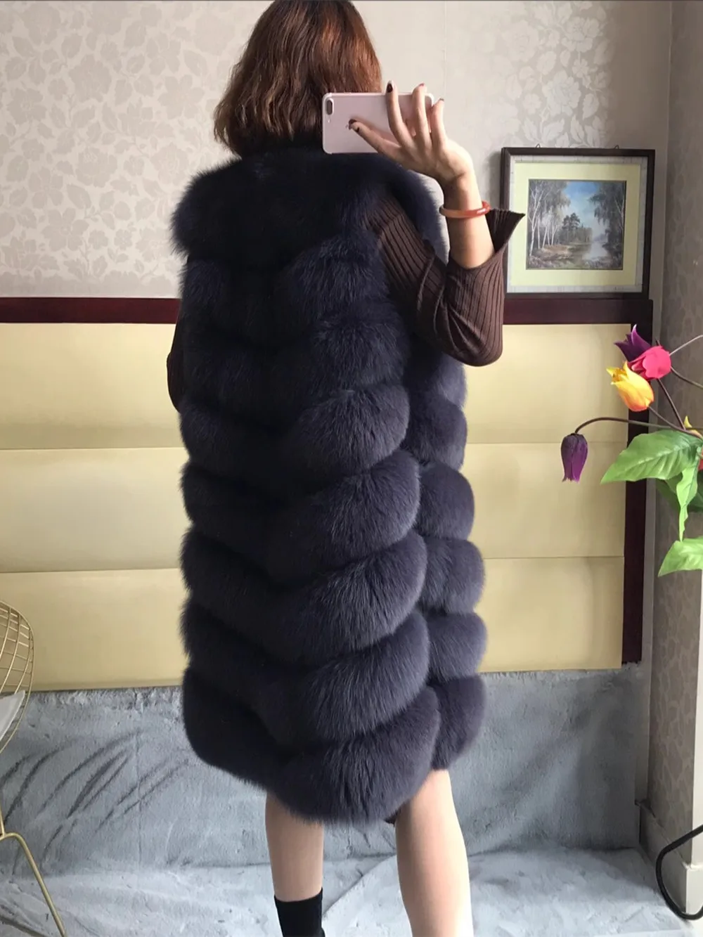 90cm Long Fox Fur Vest Women Plus Size Sleeveless White Long Real Fox Fur Jacket Cropped For Girls