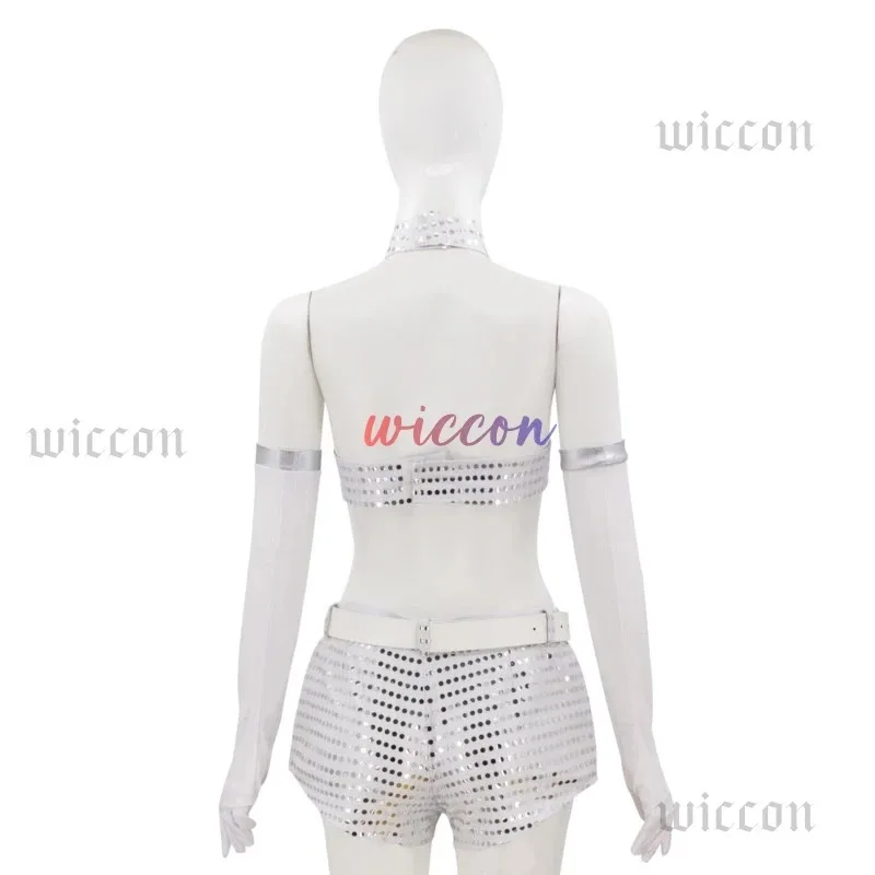 Movie Austin Powers Cosplay Woman Robot Costume Sexy Top Bra shorts Suit Stage Performance Outfit Halloween Party Sliver Clothes