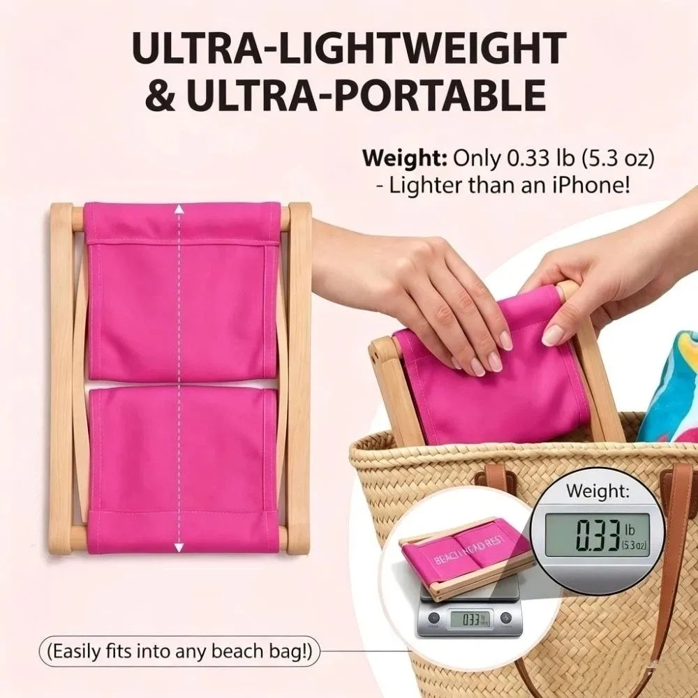 Compact Folding Wooden Beach Pillow UV Resistant Adjustable Height Outdoor Camping Neck Pillow Sunbathing Ergonomic