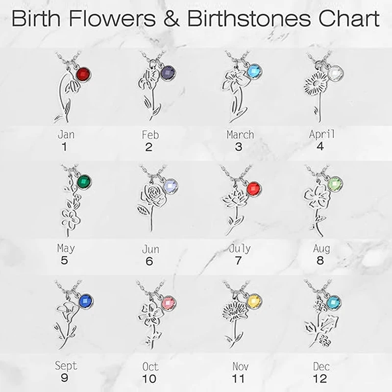 12 Months Birthstone Birth Flower Necklace For Women Stainless Steel Jewelry Birthday Gifts