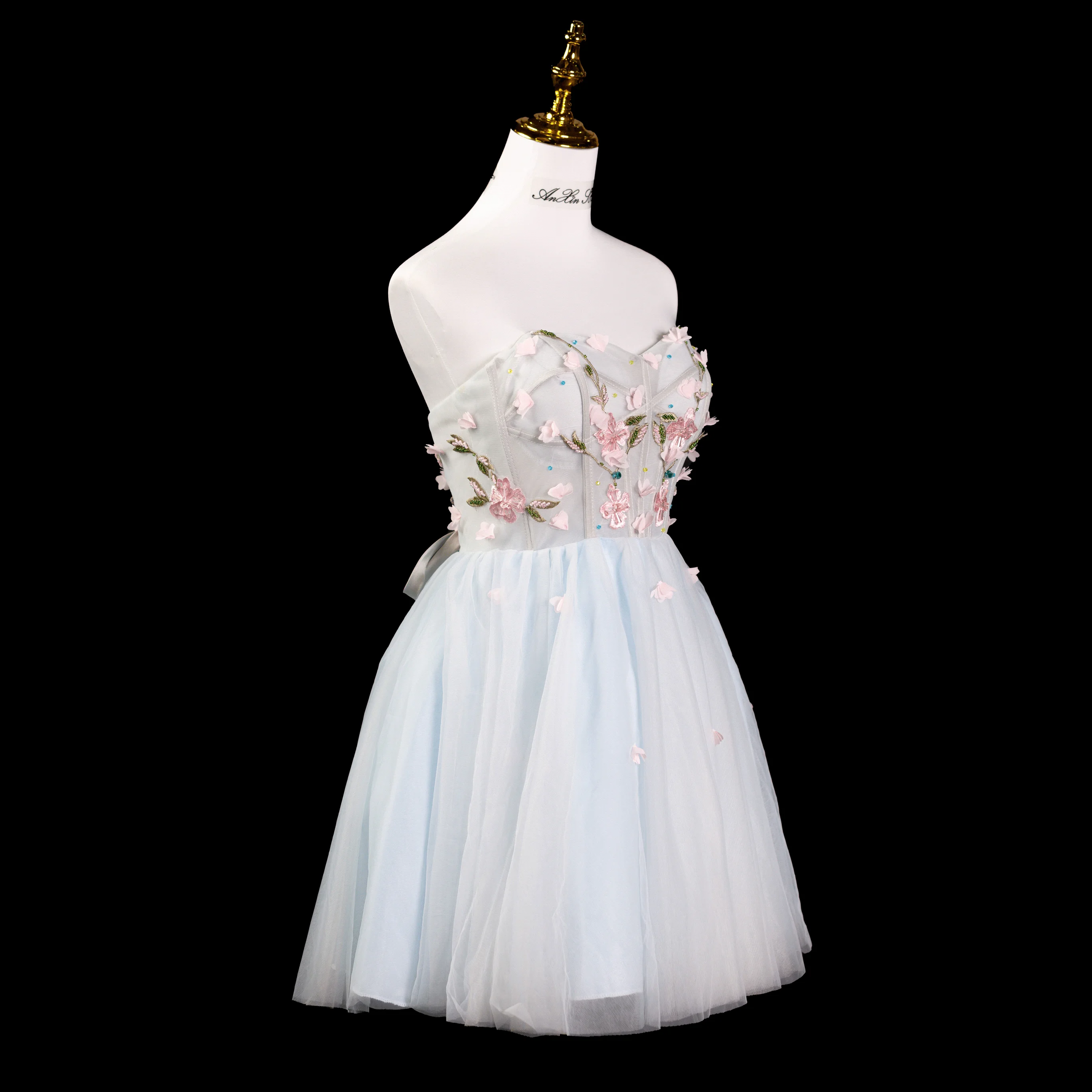 AnXin SH-Robe de soirée en dentelle bleue, tenue de princesse, sans bretelles, perlée, rose, cristal, fleur, nœud, courte, personnalisée, petite robe blanche