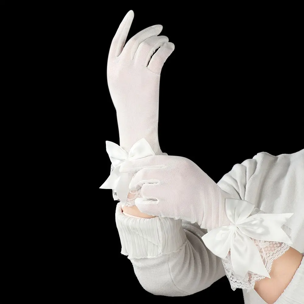 Fashion Bride Bow Lace Chiffon Gloves Women White Gloves Sunscreen Driving Gloves Marriage Party Accessories