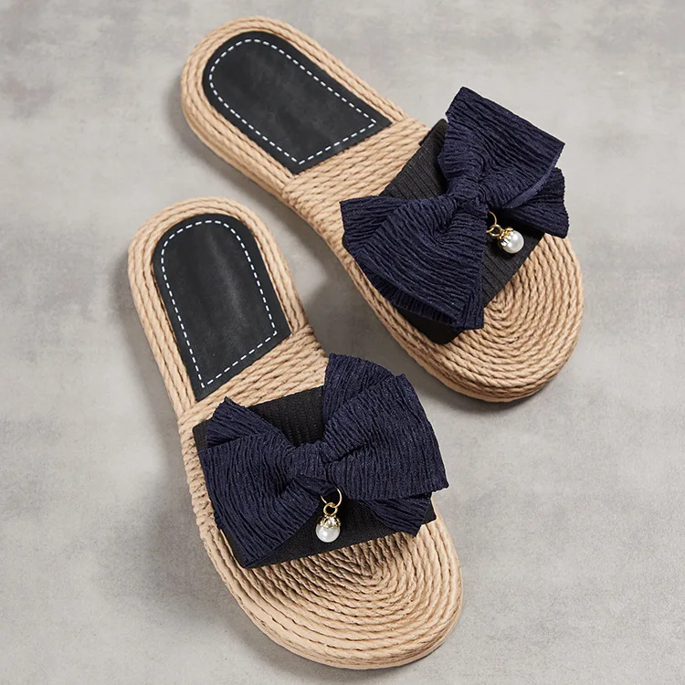 Ladies Leopard Shoes Women Summer Slippers Artificial Straw Flower Slides Female Bows Floral Slippers Outdoor Non Slip Slippers