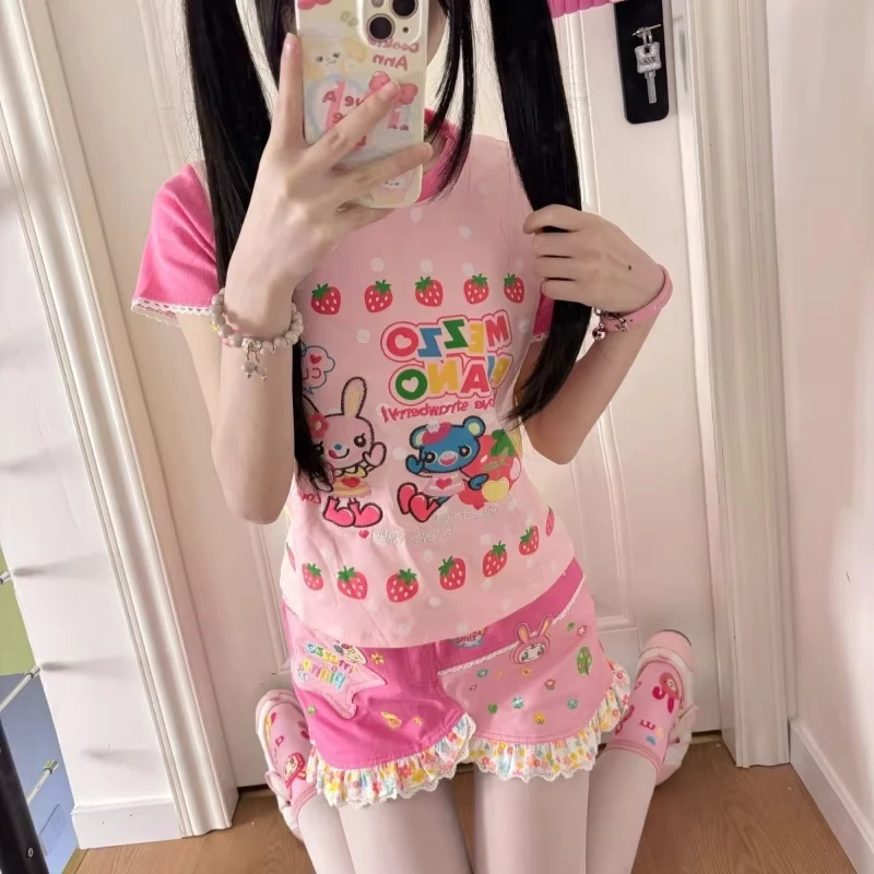 Camisetas Kawaii Japonesas para Chicas, Camiseta con Estampado de Dibujos Animados, Estilo Harajuku, con Parches en Contraste y Encaje, Camiseta Corta para Mujer, Estética Y2K, Grunge